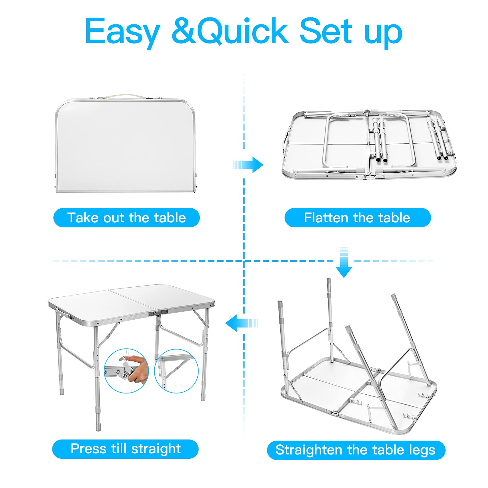 Rainfally 3FT Folding Picnic Table - Adjustable Height Aluminum Camping Table, Portable Fold-in-Half Dining Table for Outdoor, Indoor, Travel & BBQ (35.5