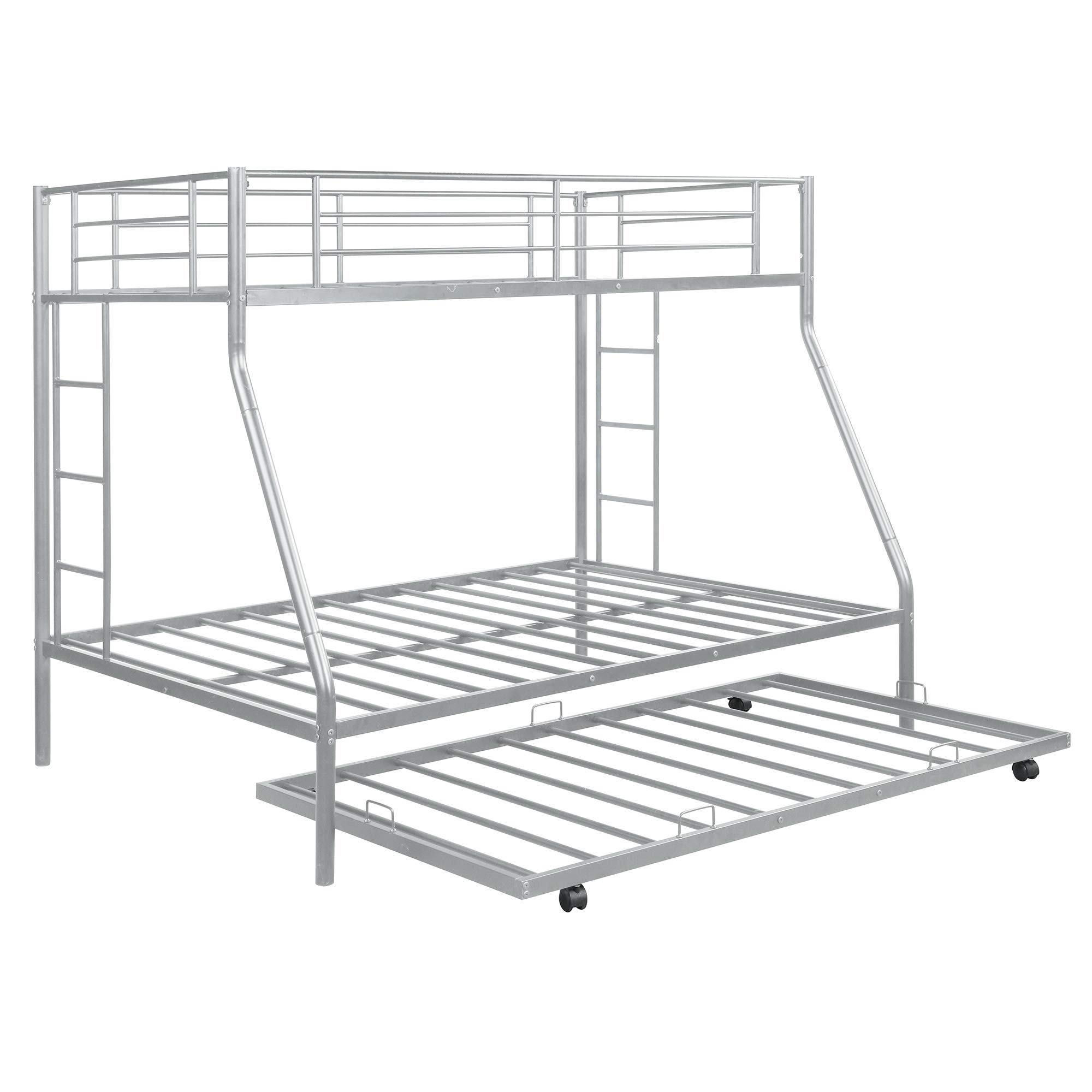 Metal Bunk Beds Twin Over Full Size with 2 Ladders & Trundle - Sturdy Space-Saving Bed Frame for Kids, Teens & Adults in Silver | Perfect for Small Bedrooms, Guest Rooms & Dormitories