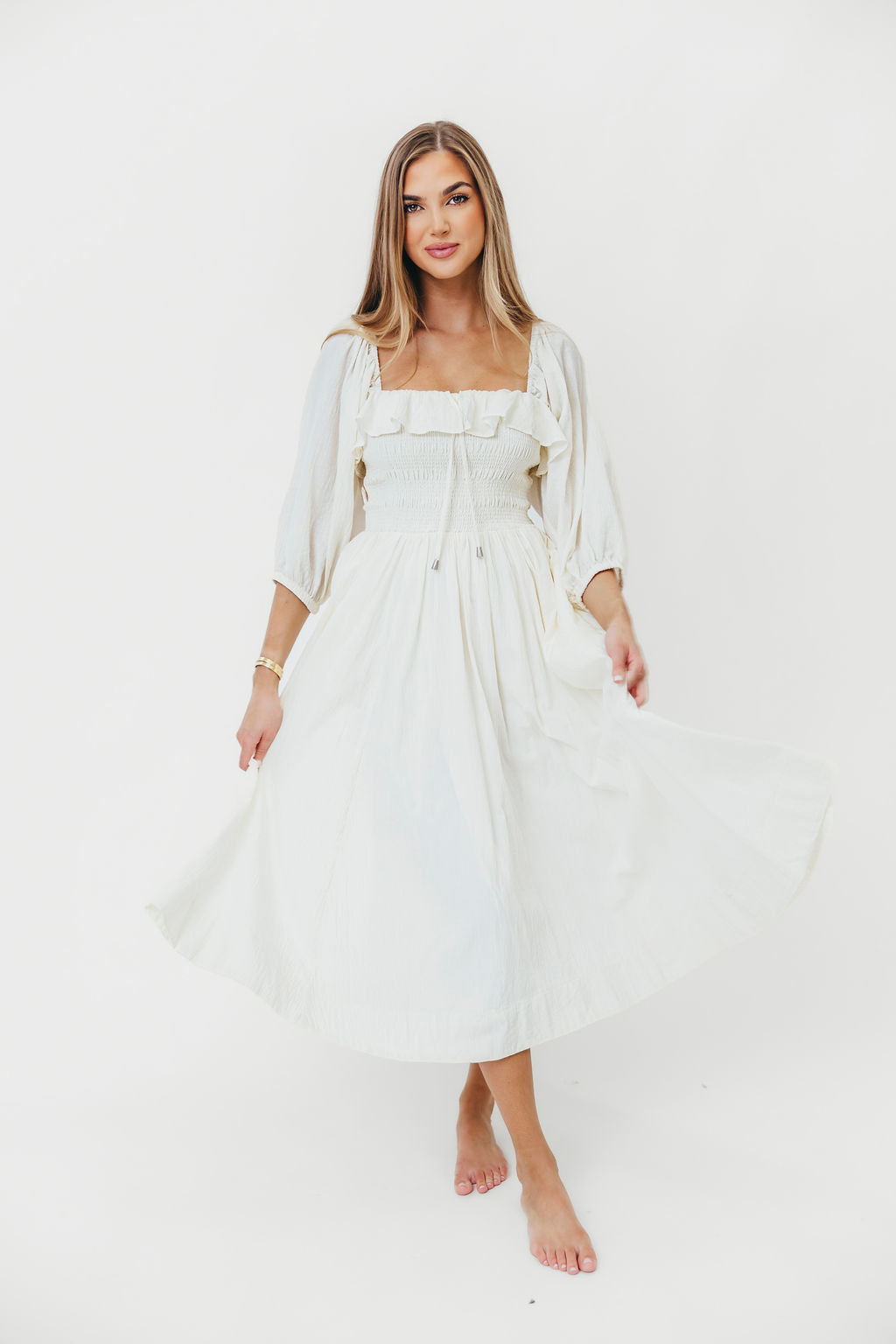 Miffy Ruffled Smocking Flowy Midi Dress in Ivory - Elegant Summer Dress for Women, Perfect for Beach Vacations, Garden Parties & Date Nights