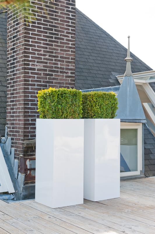 Glossy White Square Flower Pot - 23 Inch Tall Fiberstone Planter for Indoor Outdoor Plants - Modern Home Garden Decor for Living Room, Patio, Balcony