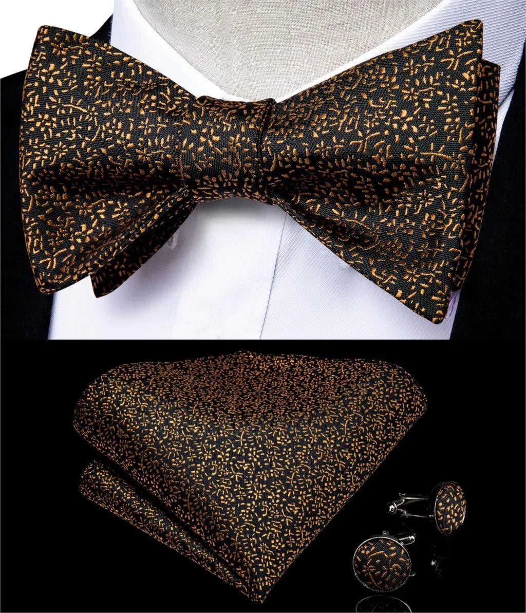 Golden Leaves Silk Bow Tie Set for Men - Elegant Formal Wedding Accessories - Perfect for Prom, Tuxedo, and Special Occasions