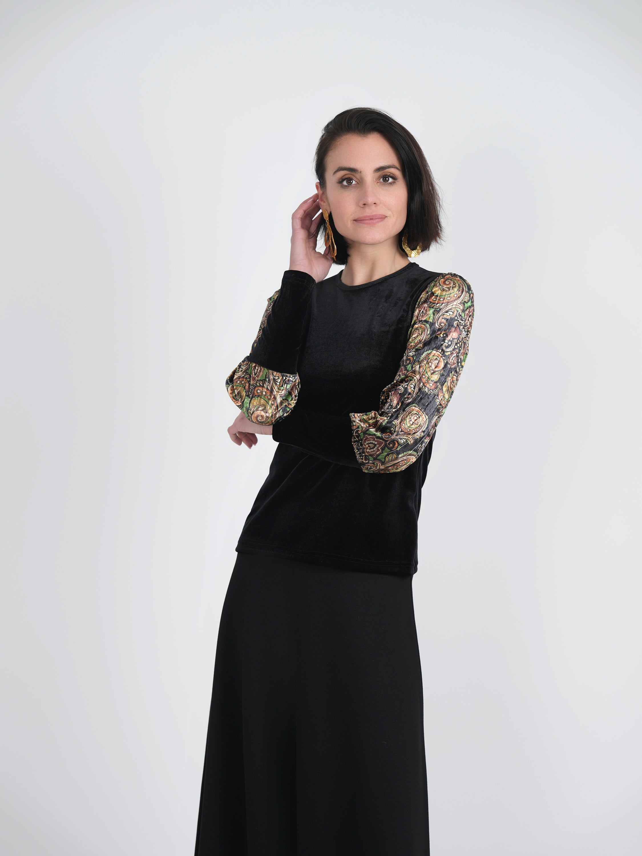 Slinky Velour Combo Printed Accordion Sleeve Top - Women's Stretchy Long Sleeve Shirt for Casual Wear, Party & Date Night Outfits