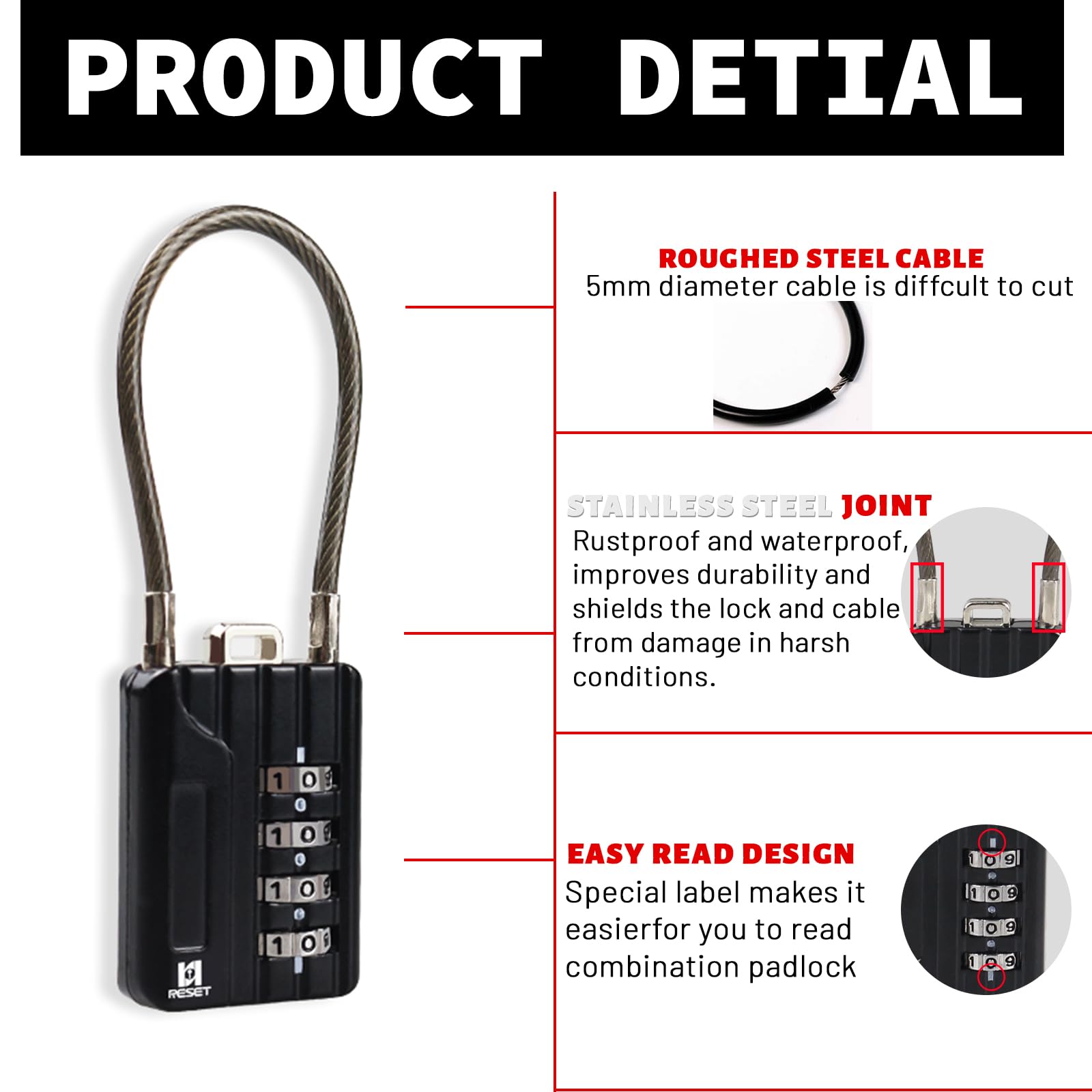 RESET-201 (2 Pack) 4 Digit Combination Padlock with 4 inch(10cm) Steel Cable - Secure Cable Lock for Travel, Gym Lockers, Luggage, Suitcases, Toolboxes, Bikes & Backpacks - 5mm Diameter Black Outdoor & Indoor Security Lock