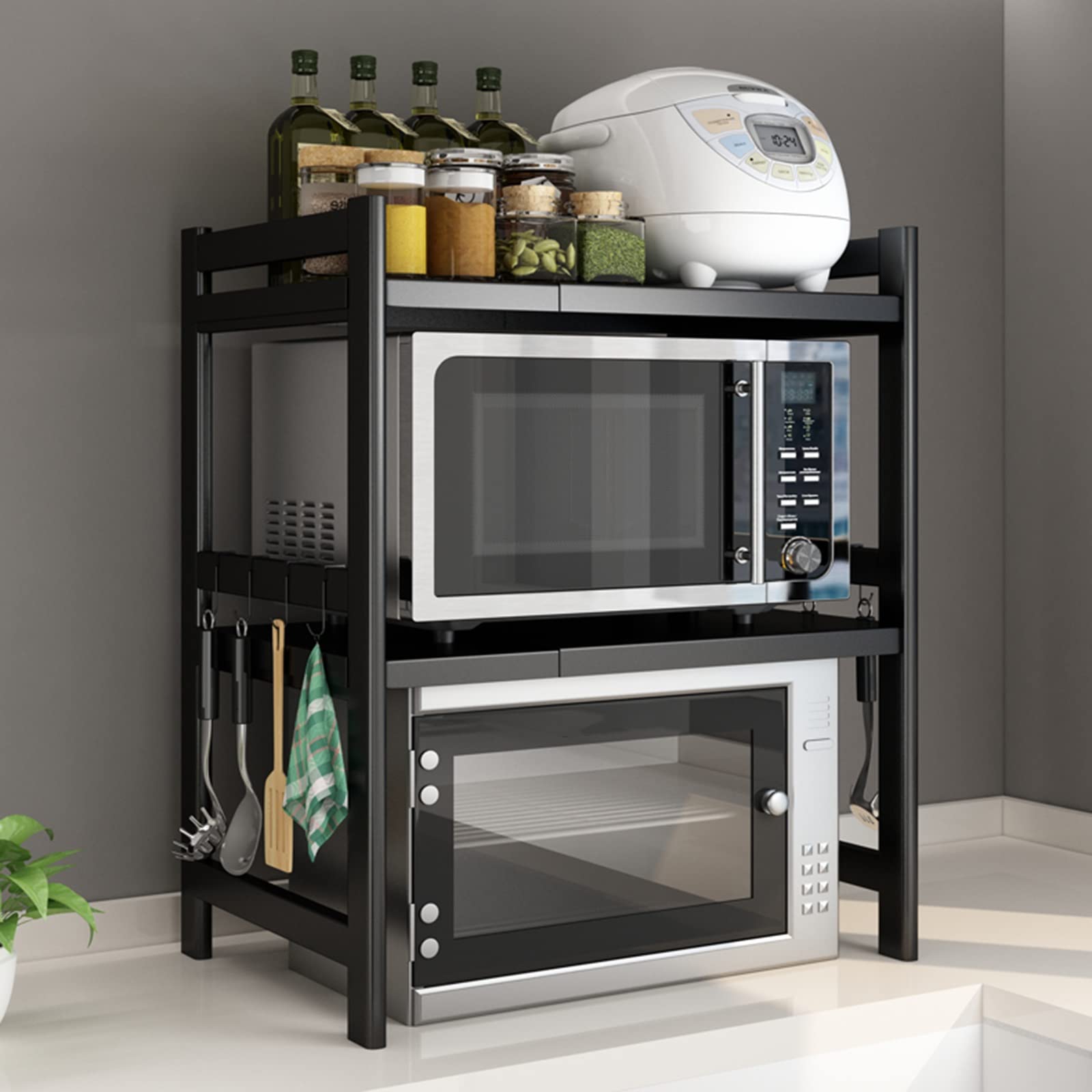 Stainless Steel Microwave Shelf - Adjustable Kitchen Storage Rack with Spice Holder | 40-60cm Extendable Metal Bracket for Microwave Oven & Countertop Organization | Space-Saving Solution for Small Kitchens & Apartments