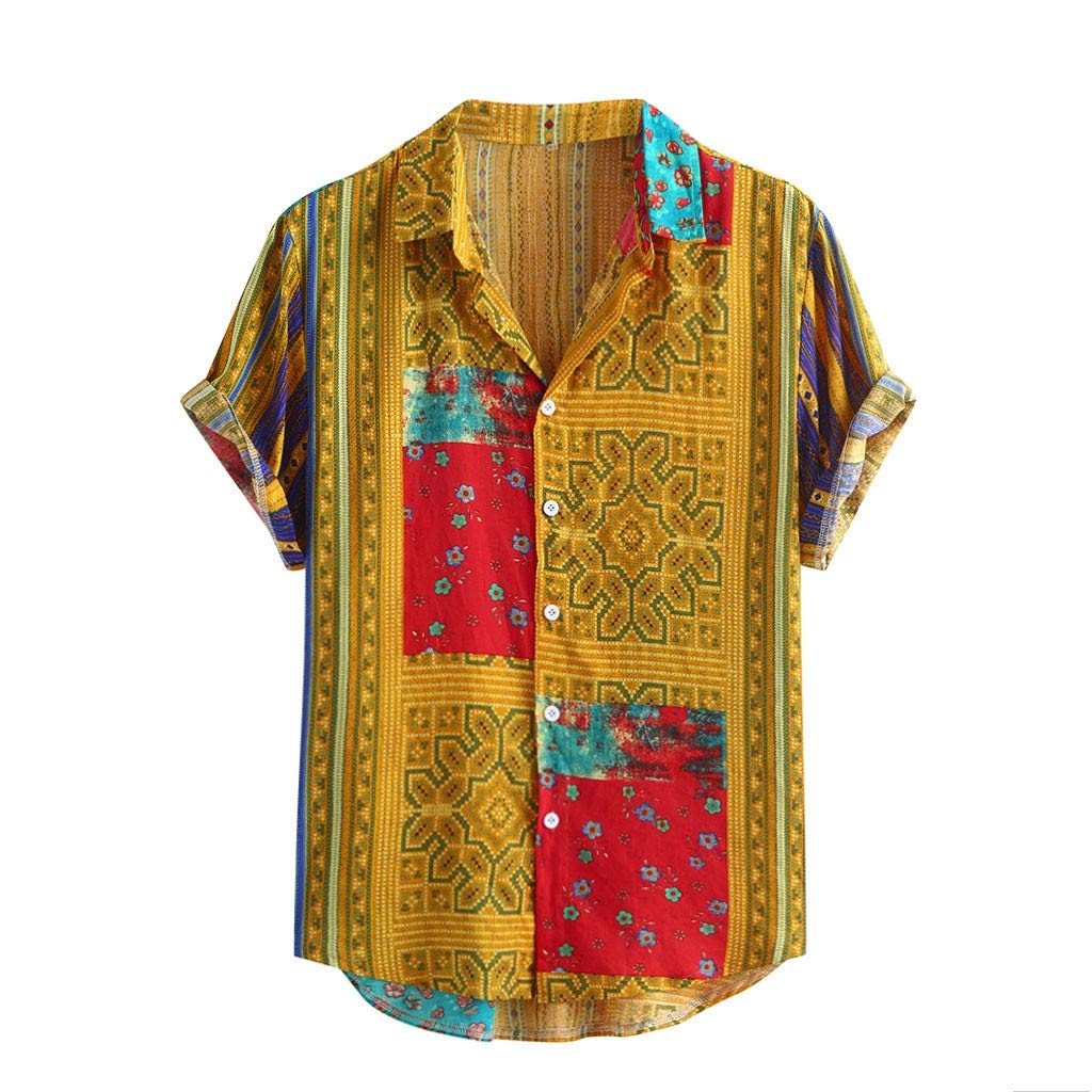 Men's Tropical Hawaiian Shirt - Miami Vice Floral Button Down T-Shirt | Summer Beach Aloha Shirt in Yellow | Perfect for Vacation, Luau Parties & Tropical Getaways
