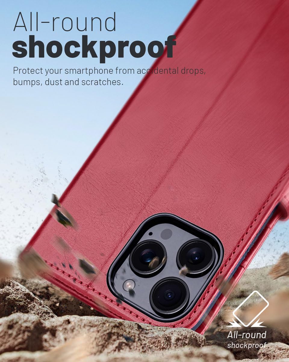 OCASE iPhone 16 Pro Wallet Case (6.3 Inch 2024) - PU Leather Flip Folio Cover with Card Slots, RFID Blocking & Kickstand | Shockproof TPU Inner Shell | Perfect for Business Travel & Daily Use (Red)