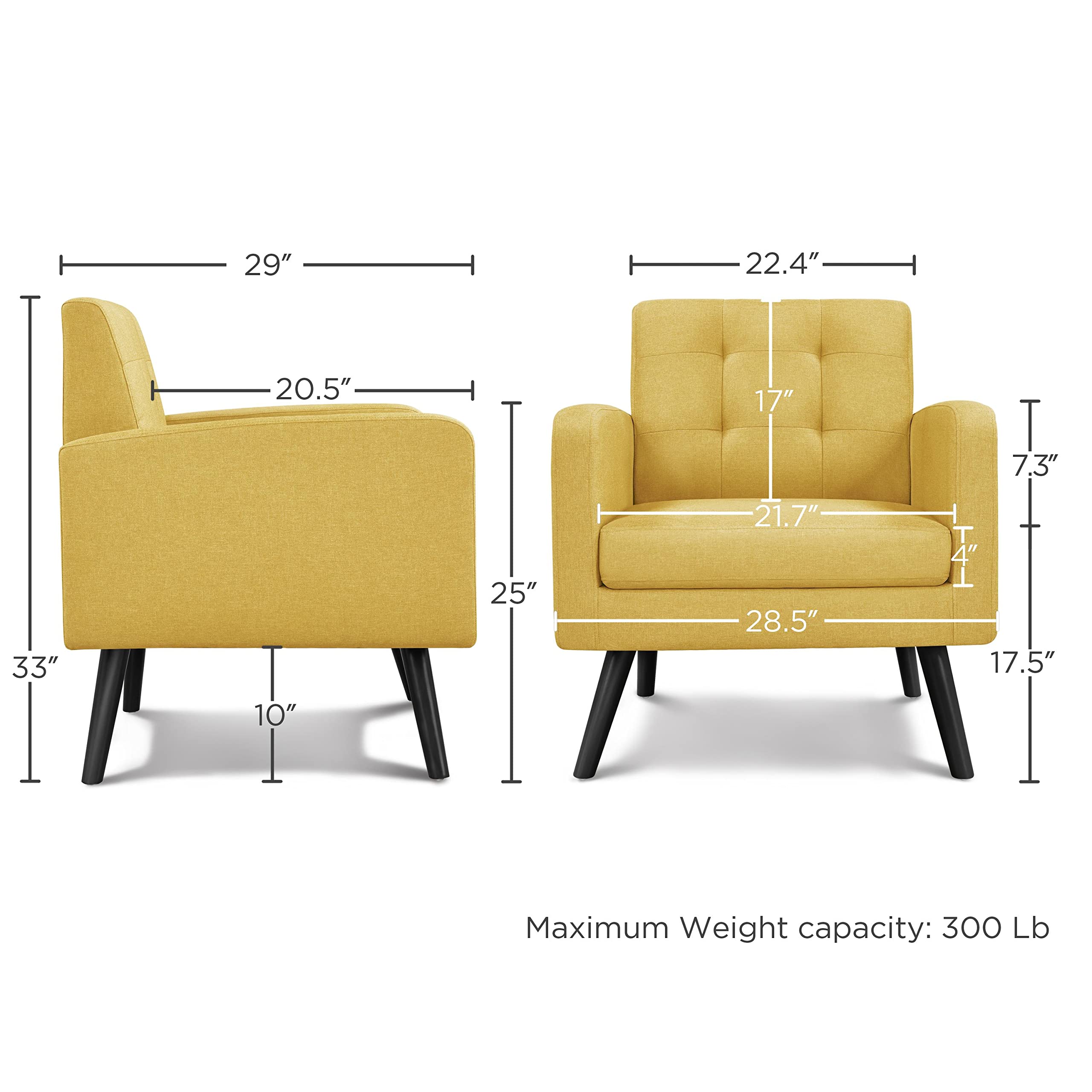 Yaheetech Mid-Century Modern Accent Chairs Set of 2 - Upholstered Living Room Armchairs with Button Tufted Back & Wooden Legs, Yellow - Perfect for Bedroom, Office, Cafe & Lounge Decor