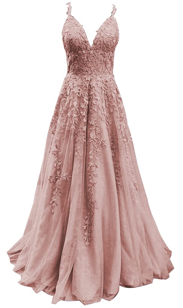 Elegant V-Neck Lace Appliques Bridesmaid & Wedding Dresses - Long Tulle Prom Ball Gowns for Teens | Perfect for Formal Events, Quinceañeras & Special Occasions
