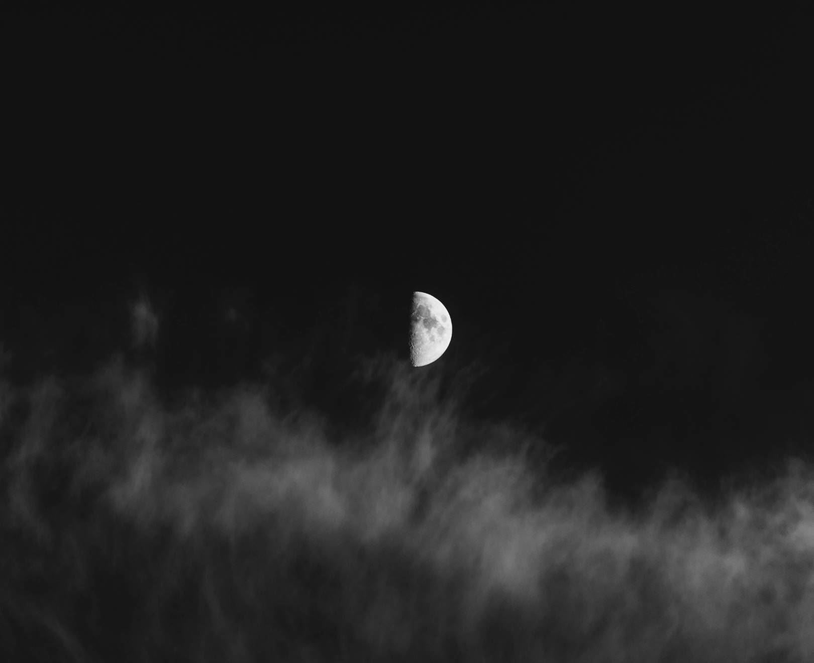 Half Moon Behind Clouds Wall Art - Modern Celestial Decor for Bedroom, Living Room & Office - Unique Moon Phase Painting for Home & Gifts
