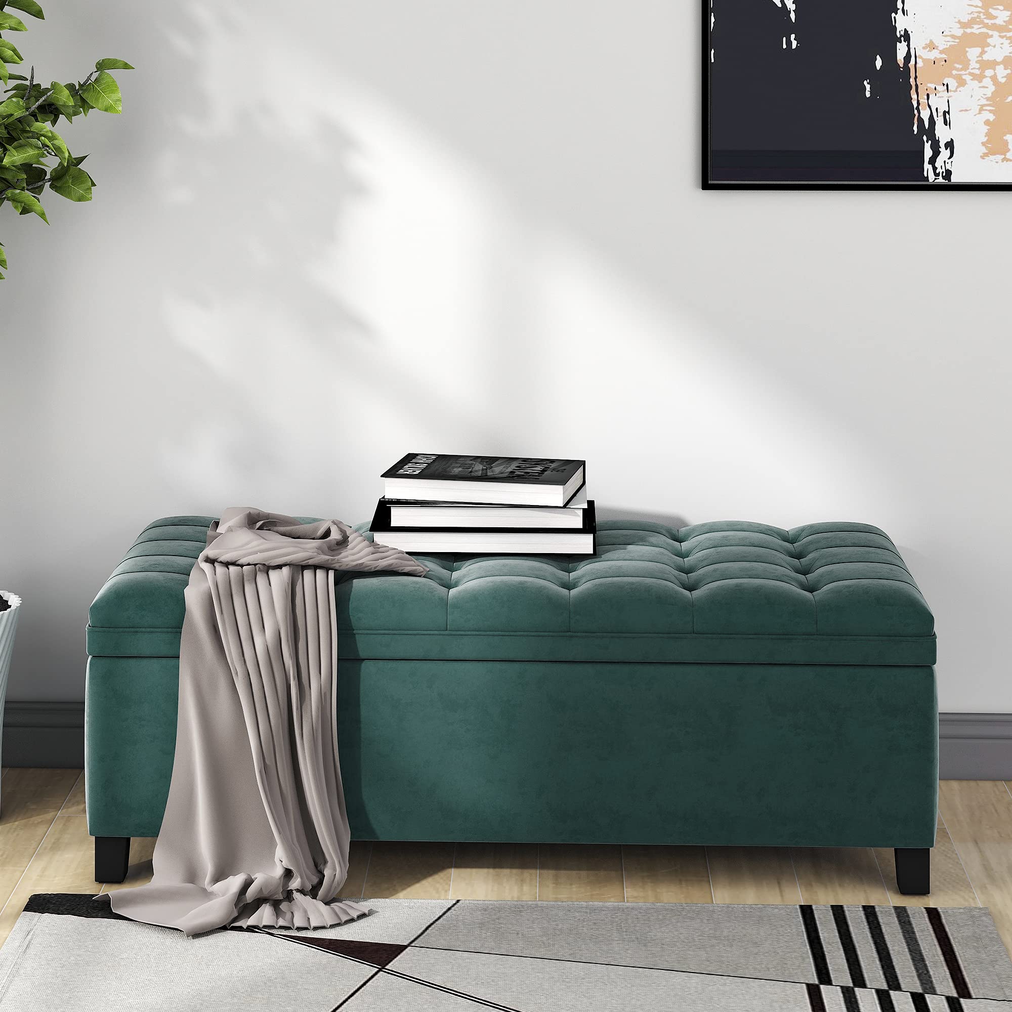 Tufted Storage Ottoman Bench with Upholstered Seat - Large Polyester Footstool for Bedroom, Living Room & Entryway - Multi-Functional End of Bed Bench for Shoe Storage & Extra Seating (Green)