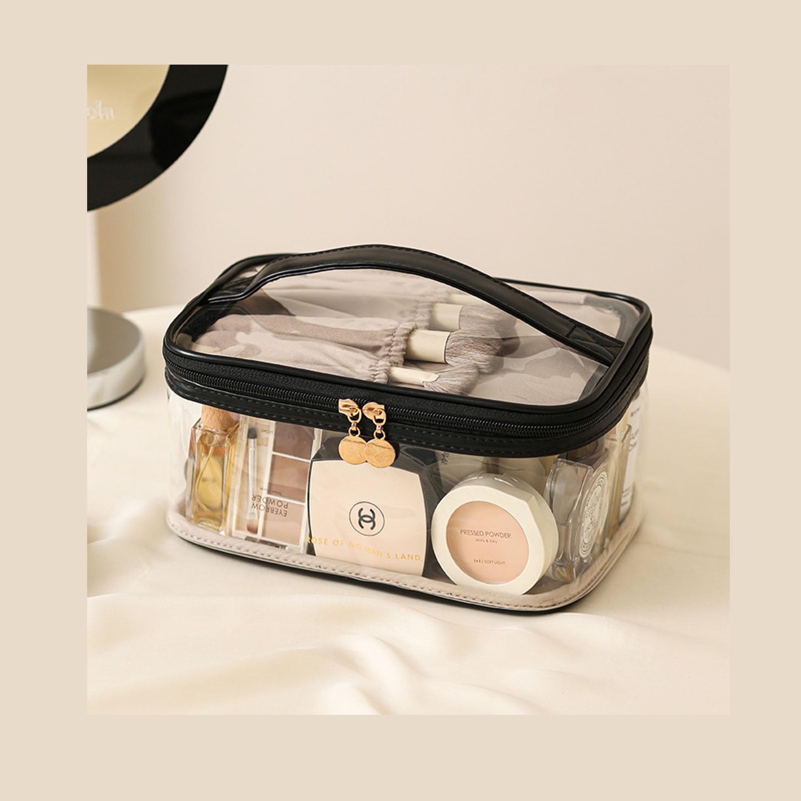 Clear PVC Cosmetic Makeup Bag with Zipper - Waterproof Travel Toiletry Organizer for Airport, Airline & Vacation - Portable Luggage Pouch (Black) | Perfect for TSA Compliance, Gym Essentials & Daily Beauty Storage