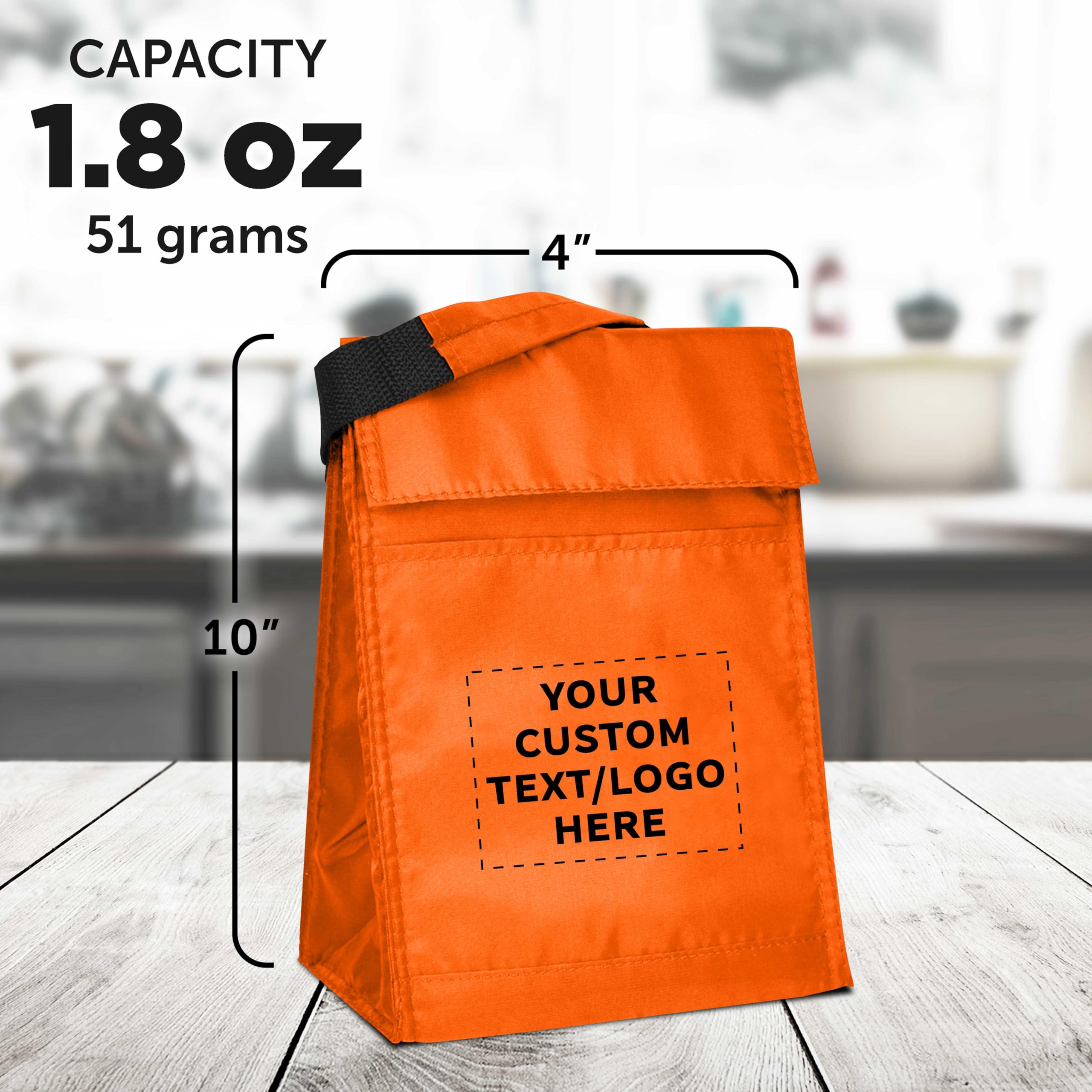 50-Pack Insulated Lunch Bags with Hook & Loop Closure - Custom Text & Logo Printing - Durable Polyester, Vibrant Orange - Perfect for School, Office & Picnics - Reusable & Eco-Friendly