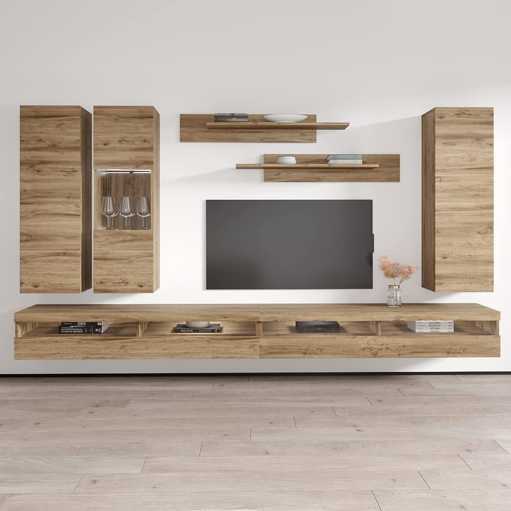 Modern Floating TV Stand with Storage & LED Lights - Wall-Mounted Entertainment Center for Bedroom & Living Room - Oak Wood TV Console with Shelves (Perfect for Small Spaces & Home Theater Setup)