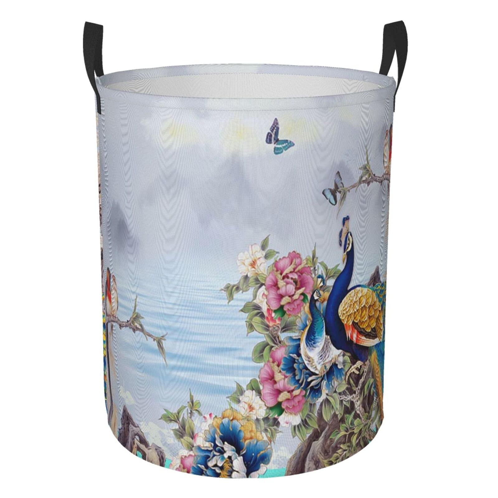 FeHuew Collapsible Laundry Basket with Handle - Large Waterproof Fabric Hamper for Clothes, Toys & Storage - Foldable Organizer Bin for Bathroom, Bedroom, Dorm & Laundry Room (Oriental Peacock Design)