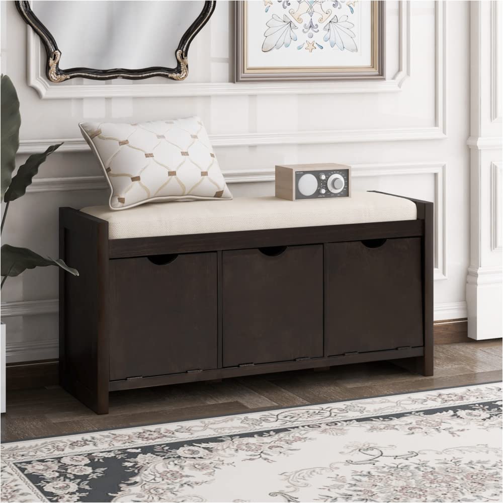 HuaZo Storage Bench with Removable Cushion & 3 Flip Lock Cubbies - Espresso Wooden Stool, Bar Stool & Entryway Bench - Perfect for Living Room, Bedroom or Entryway Storage