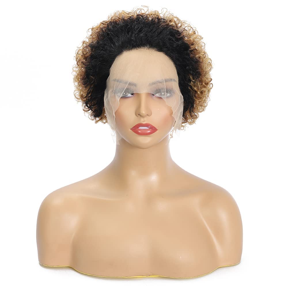 13x1 Lace Front Pixie Cut Human Hair Wig - Pre Plucked Short Curly Bob Wigs for Black Women | Glueless Remy Human Hair Lace Wig (1B/27 Color) | Perfect for Daily Wear, Cosplay & Special Occasions