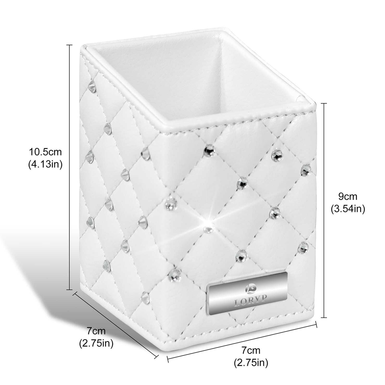 LORYP Crystal Makeup Brush Holder - Rhinestone & PU Cosmetic Brush Organizer - Handmade Vanity Storage for Dresser Countertop (White) | Perfect for Makeup Artists & Beauty Enthusiasts