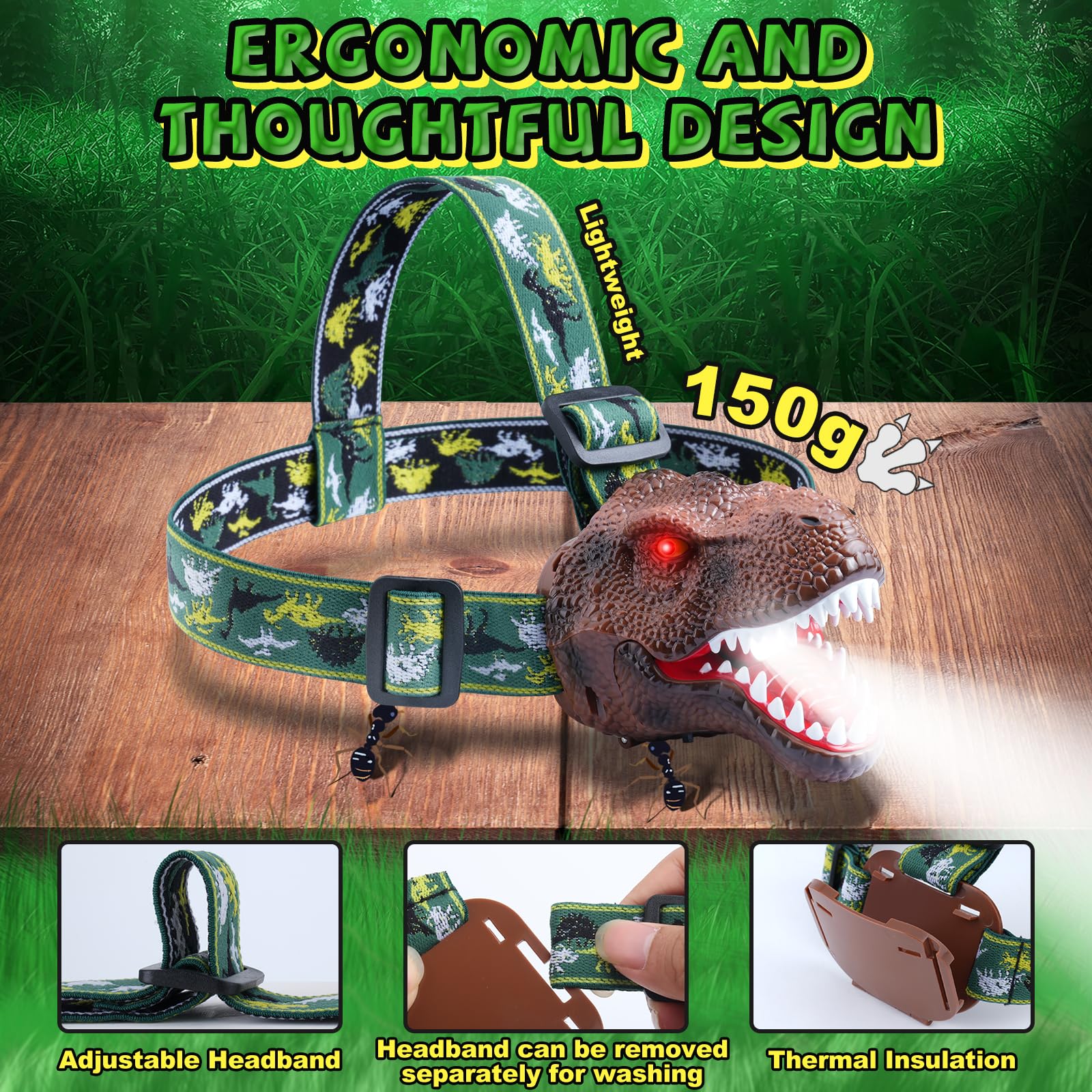 Rechargeable Dinosaur Headlamp for Kids - T-Rex LED Flashlight with Roar Mode for Camping & Gifts