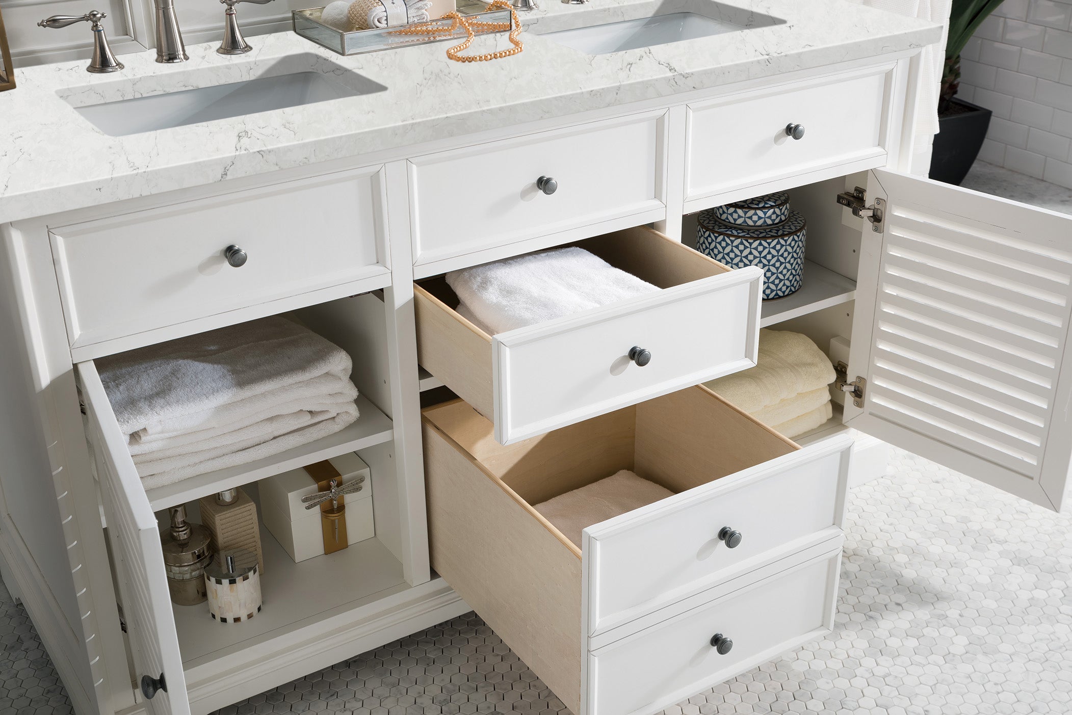 Savannah 60-Inch Double Vanity Cabinet with 3CM Eternal Jasmine Pearl Quartz Top - Bright White Bathroom Vanity for Master Bath & Guest Bath Remodel