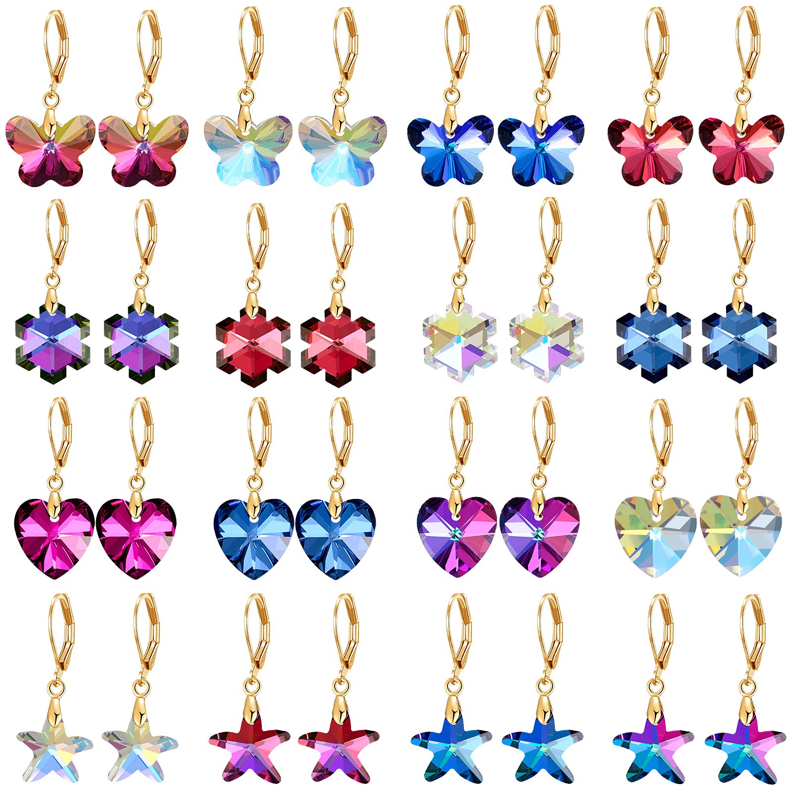 16 Pairs Multi-Color Small Dangle Earrings for Women - Crystal Earrings Set with Butterfly, Heart & Teardrop Shapes | Perfect for Parties, Weddings & Everyday Wear