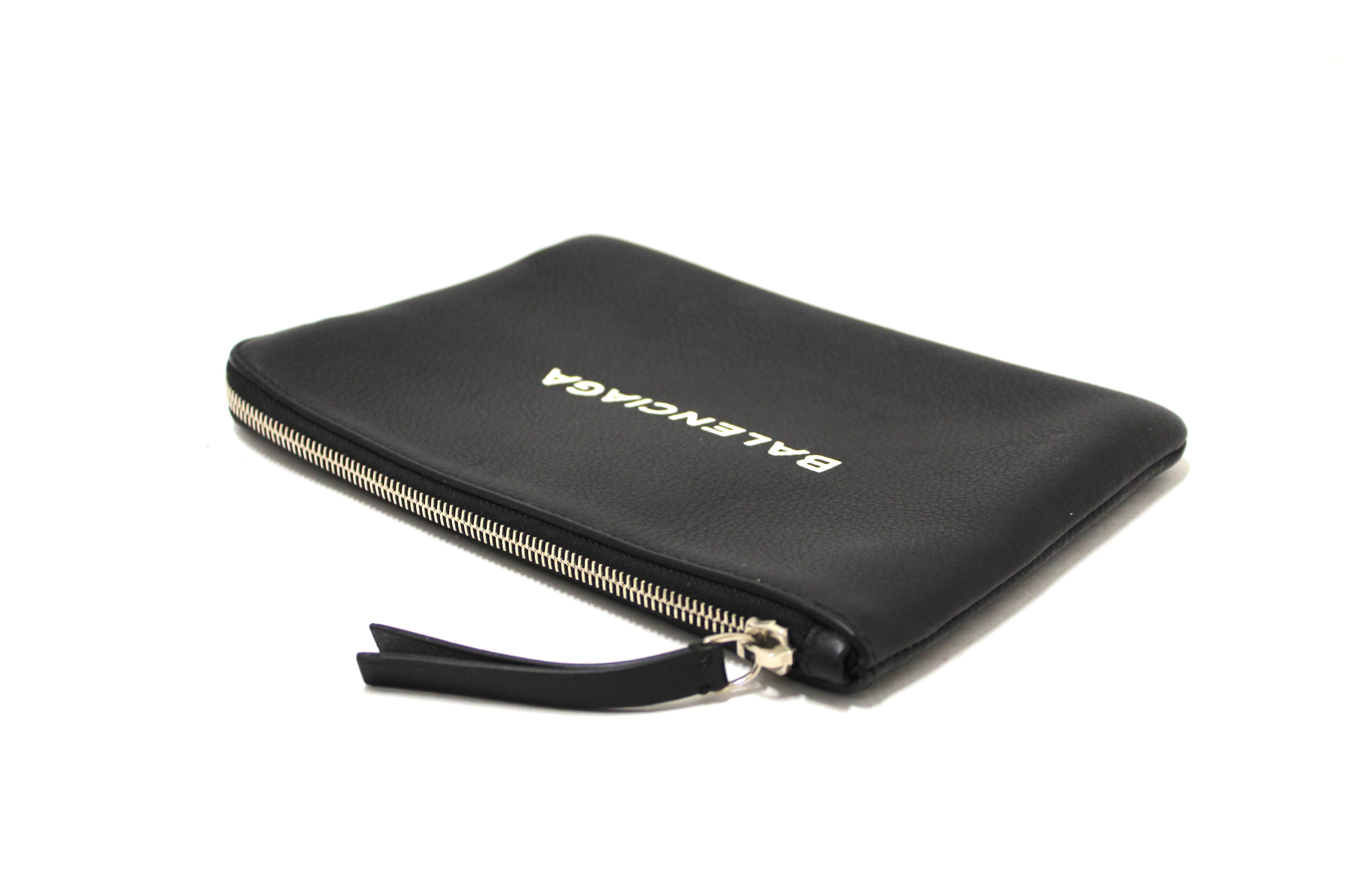 Balenciaga Black Leather Logo Medium Everyday Pouch Clutch Bag for Women | Stylish Crossbody & Shoulder Bag | Perfect for Work, Travel & Evening Out
