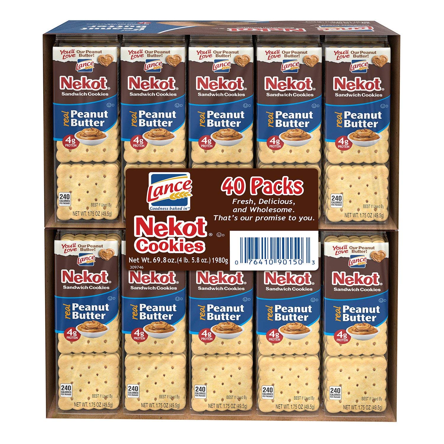 Lance Nekot Peanut Butter Cookies - 1.75oz (40 Pack) | Delicious Snacks for Office, School & Travel | Crunchy Peanut Butter Sandwich Cookies for Kids & Adults
