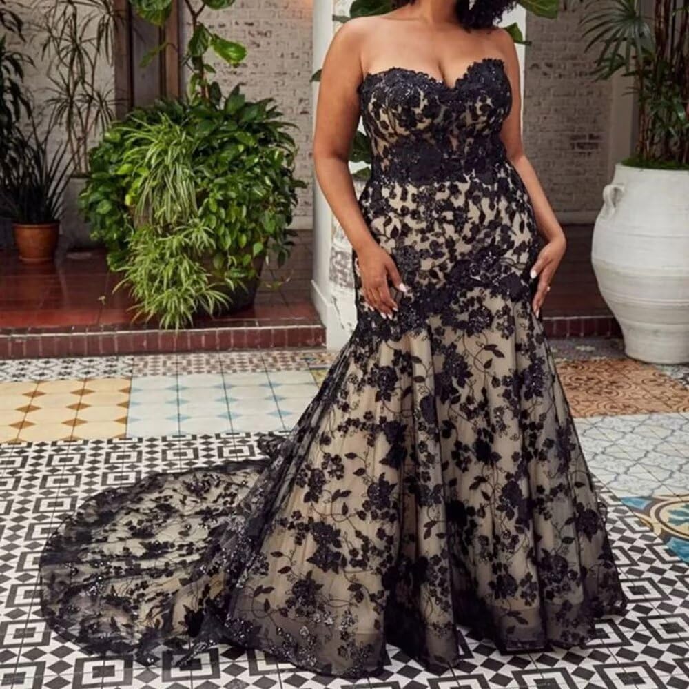 Gothic Mermaid Black Wedding Dress for Bride - Lace Appliques Beaded Tulle Sweetheart Bridal Gown | Gothic Wedding, Vampire Bride, Dark Romance Ceremony