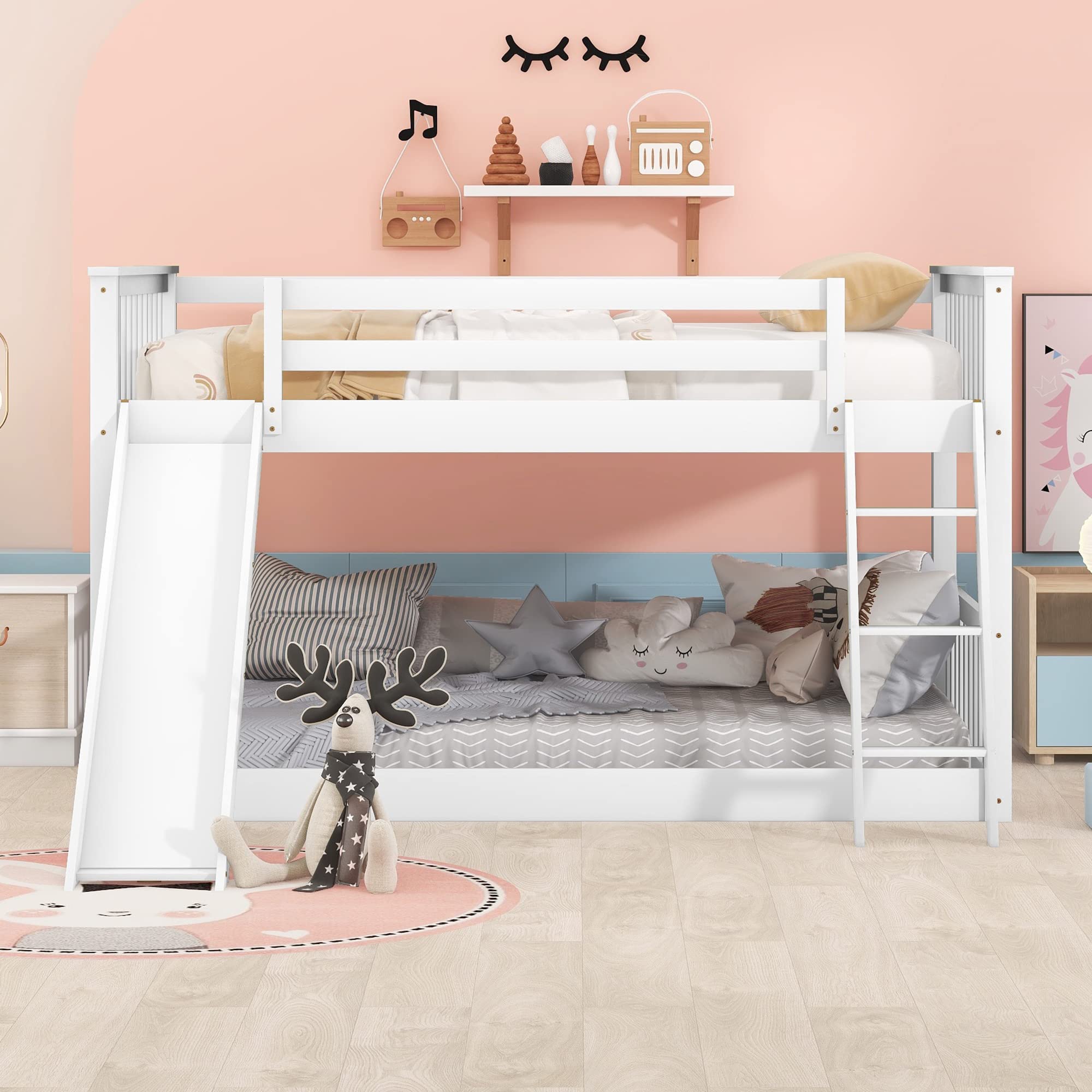 Full Over Full Low Bunk Beds with Slide for Kids - Sturdy Wood Bunk Bed Frame for Boys, Girls & Teens - Perfect for Bedroom, Dorm or Playroom - White
