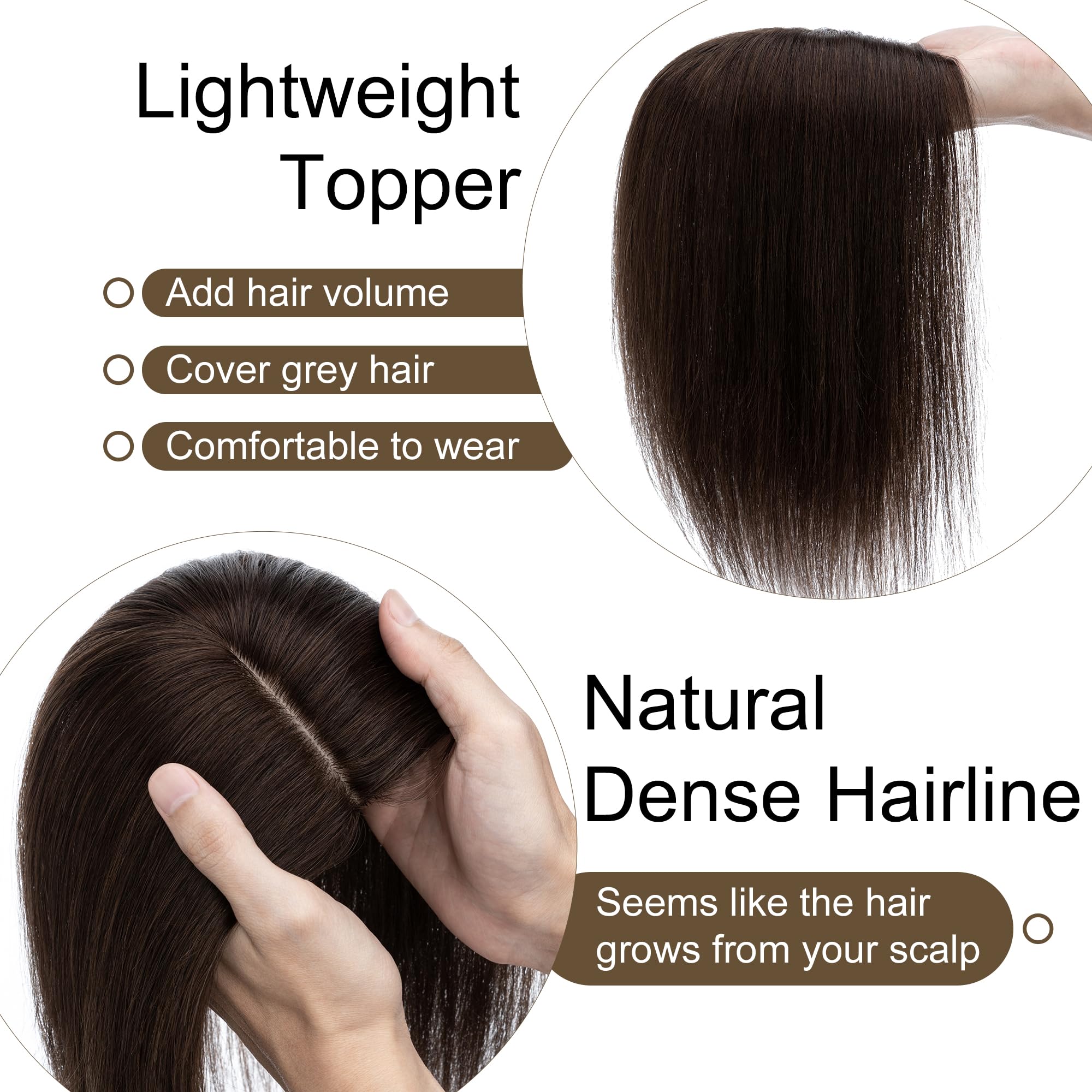 SEGO 10x12cm Silk Base Human Hair Topper for Women - 130% Density No Bangs Clip-in Top Wiglet, 16 Inch Dark Brown 100% Remy Human Hair | Perfect for Thinning Hair, Daily Wear & Special Occasions