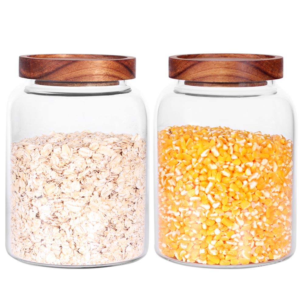 Airtight Glass Storage Jars with Wooden Lids - Set of 2 (42oz/1250ml) - Premium Pantry Canisters for Coffee, Tea, Beans, Rice, Sugar & Dry Food Storage - Ideal for Kitchen Organization & Home Decor (6.3