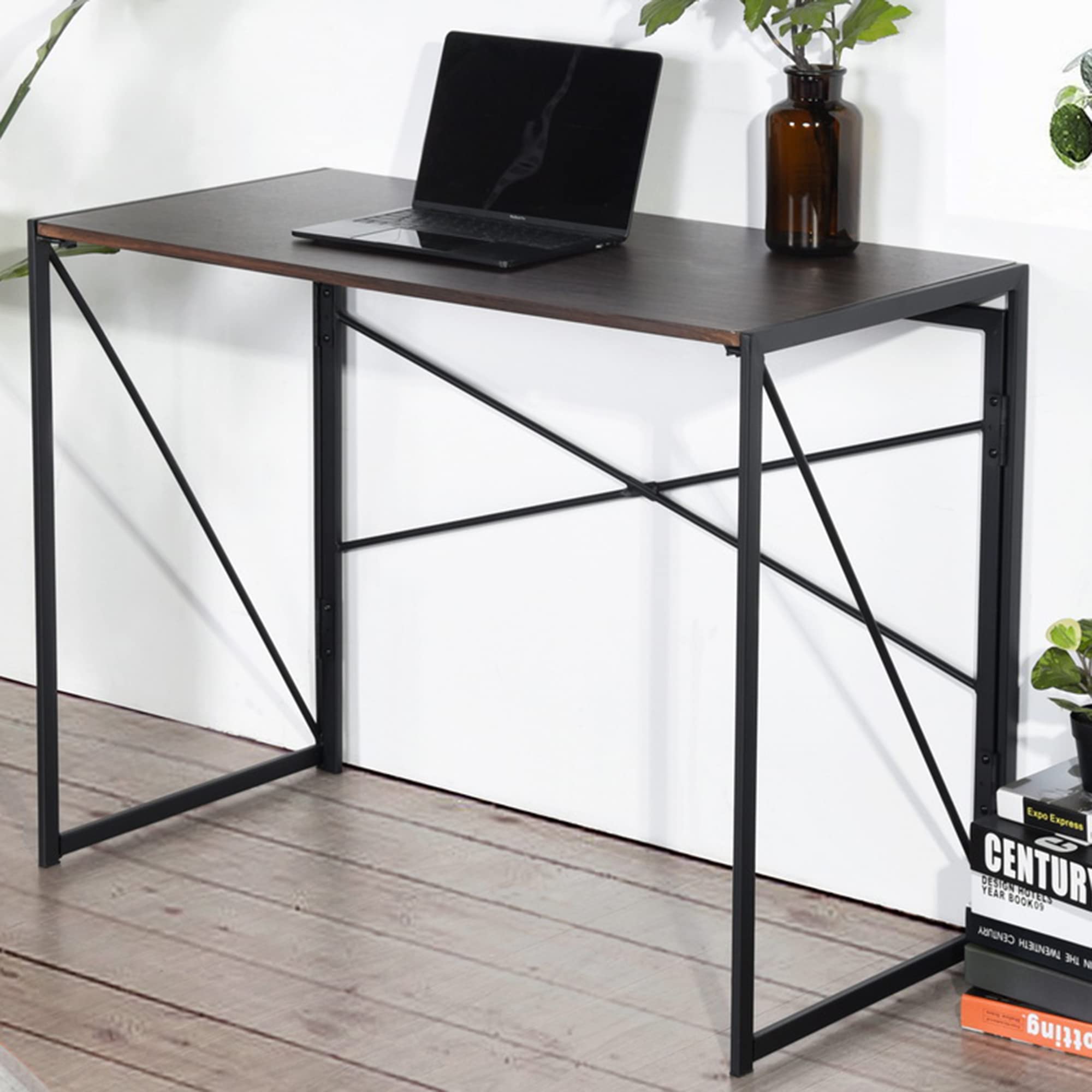 Merax Modern Simple Folding Computer Desk - Compact Laptop Study Table & Writing Desk Workstation for Home Office, Dorm Room or Small Space - Brown Wood Finish