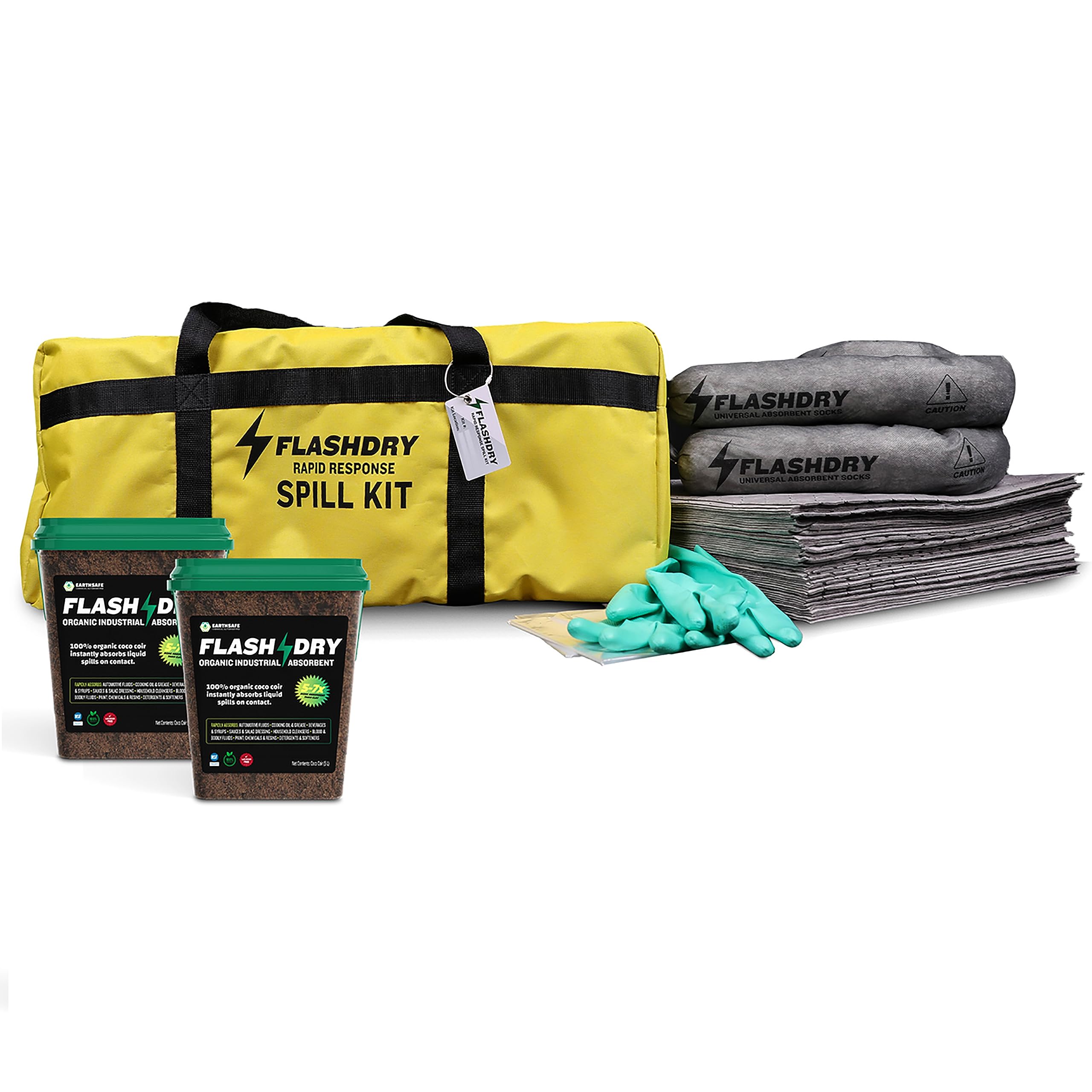 FlashDry Pro Portable Complete Spill Kit - 15 Absorbent Pads, 2 Sorbent Socks, Nitrile Gloves & More | Emergency Oil & Chemical Leak Cleanup for Garage, Workshop, Industrial Use