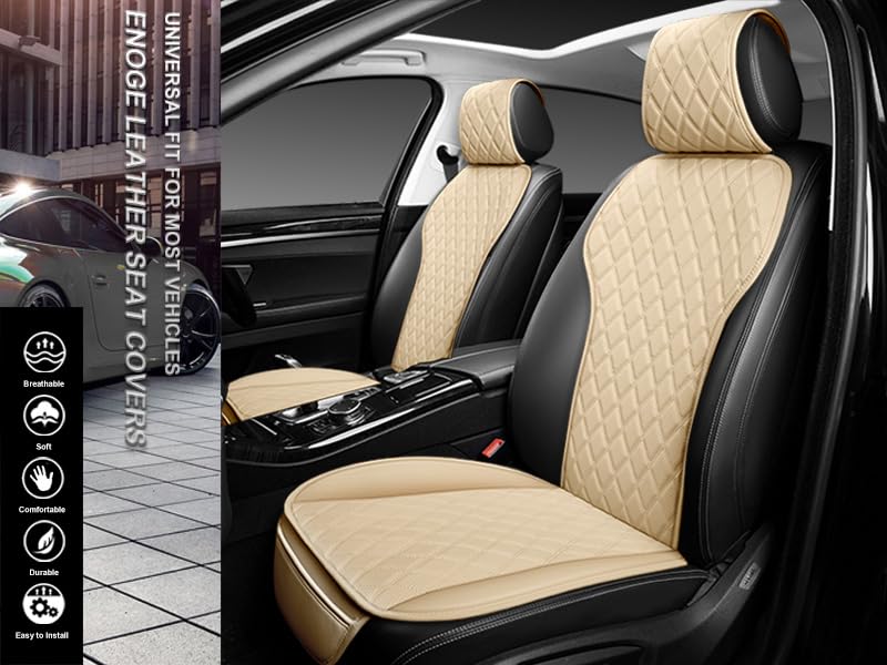 2PCS Premium Leather Front Car Seat Covers Set with Steering Wheel Cover & Seat Belt Pads - Universal Fit for 95% Vehicles, Waterproof & Anti-Slip (Beige) - Perfect for Daily Commute, Road Trips & Car Protection