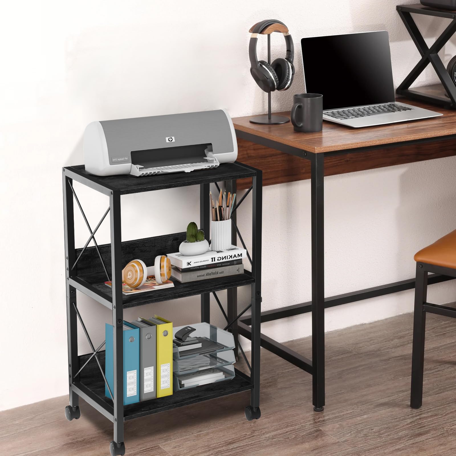 TooCust 3-Tier Rolling Printer Stand with Storage Shelf - 17x13x30 Inches, Mobile Printer Cart for Home Office, Black - Perfect for Organizing Printers, Scanners & Office Supplies