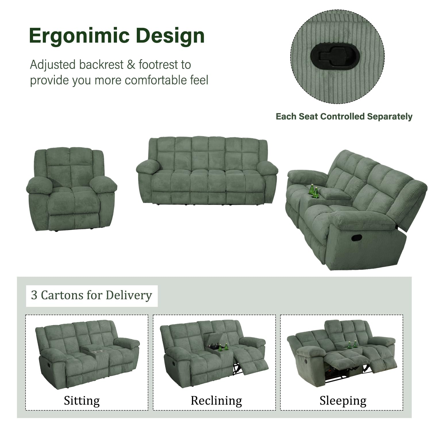 Manual Reclining Sofa Set - 3-Piece Corduroy Recliner Couch for Living Room, Apartment & Office - Green Comfortable Chair - Perfect for Relaxing, Watching TV & Hosting Guests