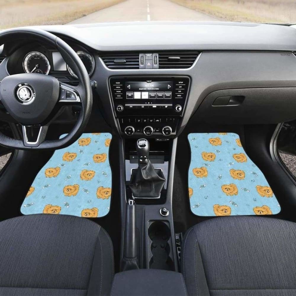 Premium Brown Cute Pomeranian Dog Car Mats - Non-Slip Front & Back Seat Cover with Blue Black Background - Perfect for Pet Lovers & Car Enthusiasts (Model 195016) - Great for Road Trips, Daily Commutes & Protecting Your Vehicle Interior