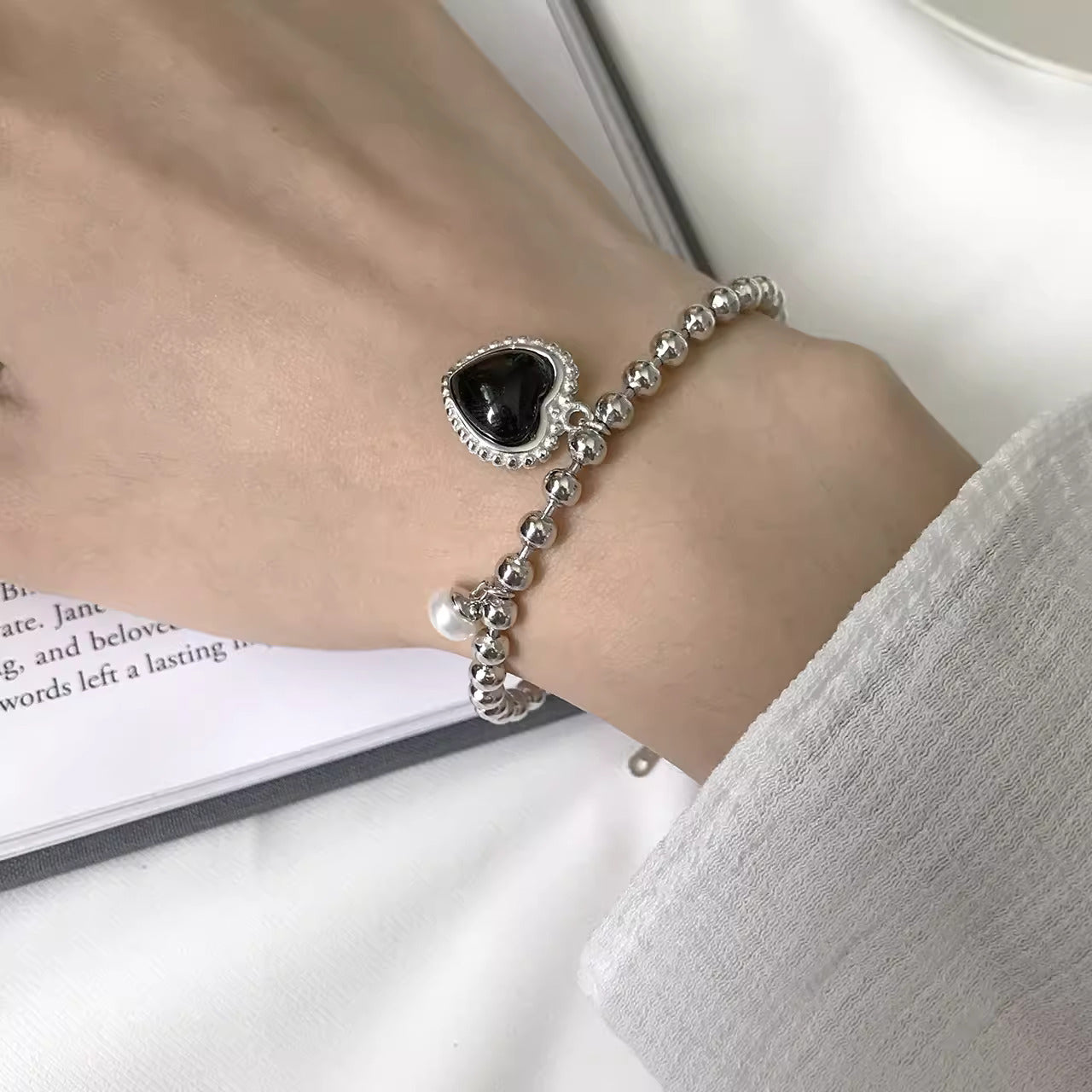 Silver Bead Black Puffed Heart Bracelets for Women - Trendy Adjustable Charm Bangle for Valentine's Day, Anniversary, Party & Everyday Wear | HB585