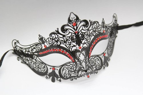 Elegant Red Metal Laser Cut Masquerade Mask with Diamonds - Venetian Ball Mask for Halloween, Costume Parties & Mardi Gras Celebrations