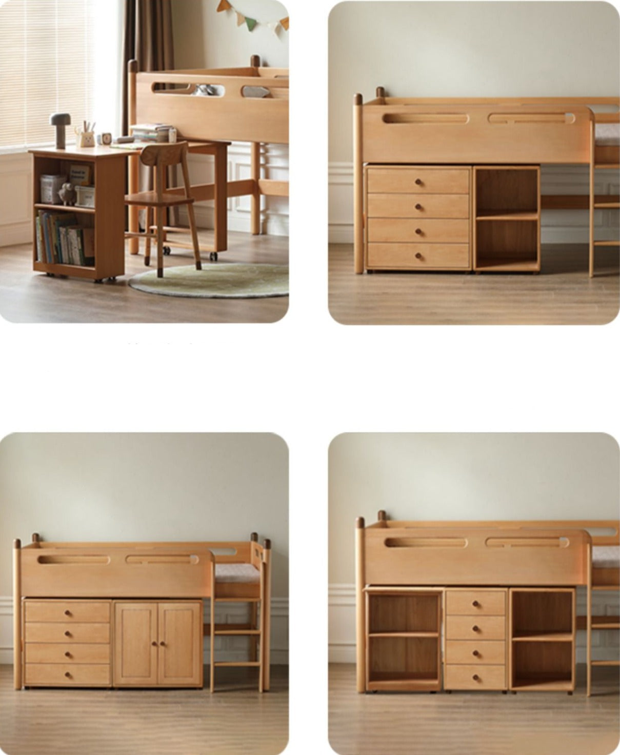Solid Oak Wood Mid-High Bed with Slanted Ladder - Sturdy Adult Loft Bed for Small Spaces, Dorm Rooms & Modern Apartments