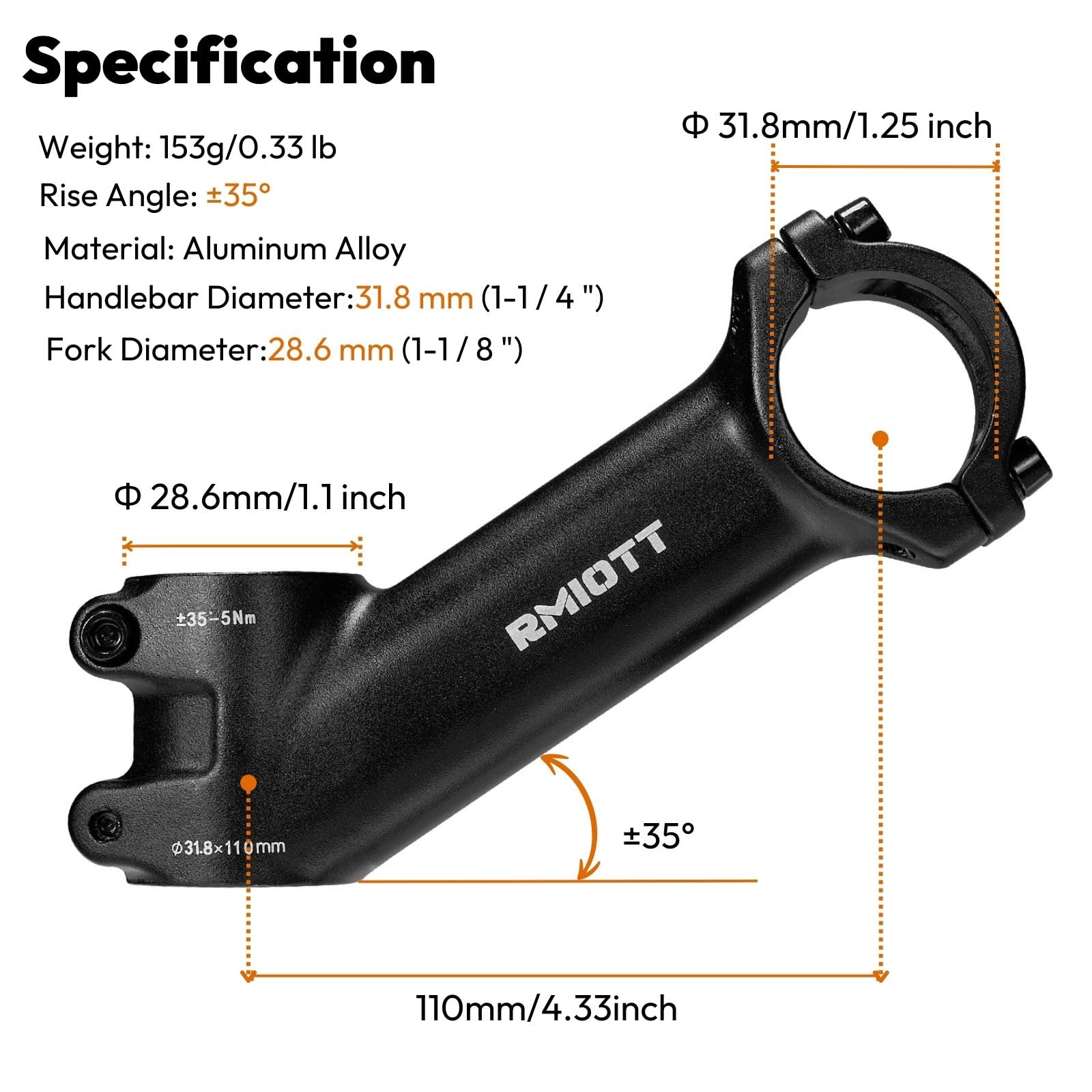 Rmiott 31.8 Bike Stem 70mm 80mm 90mm 110mm Length 35 Degree Handlebar Riser - Aluminum Black MTB Road Bicycle Stem for Mountain & Road Bikes - Perfect for Climbing, Commuting and Trail Riding