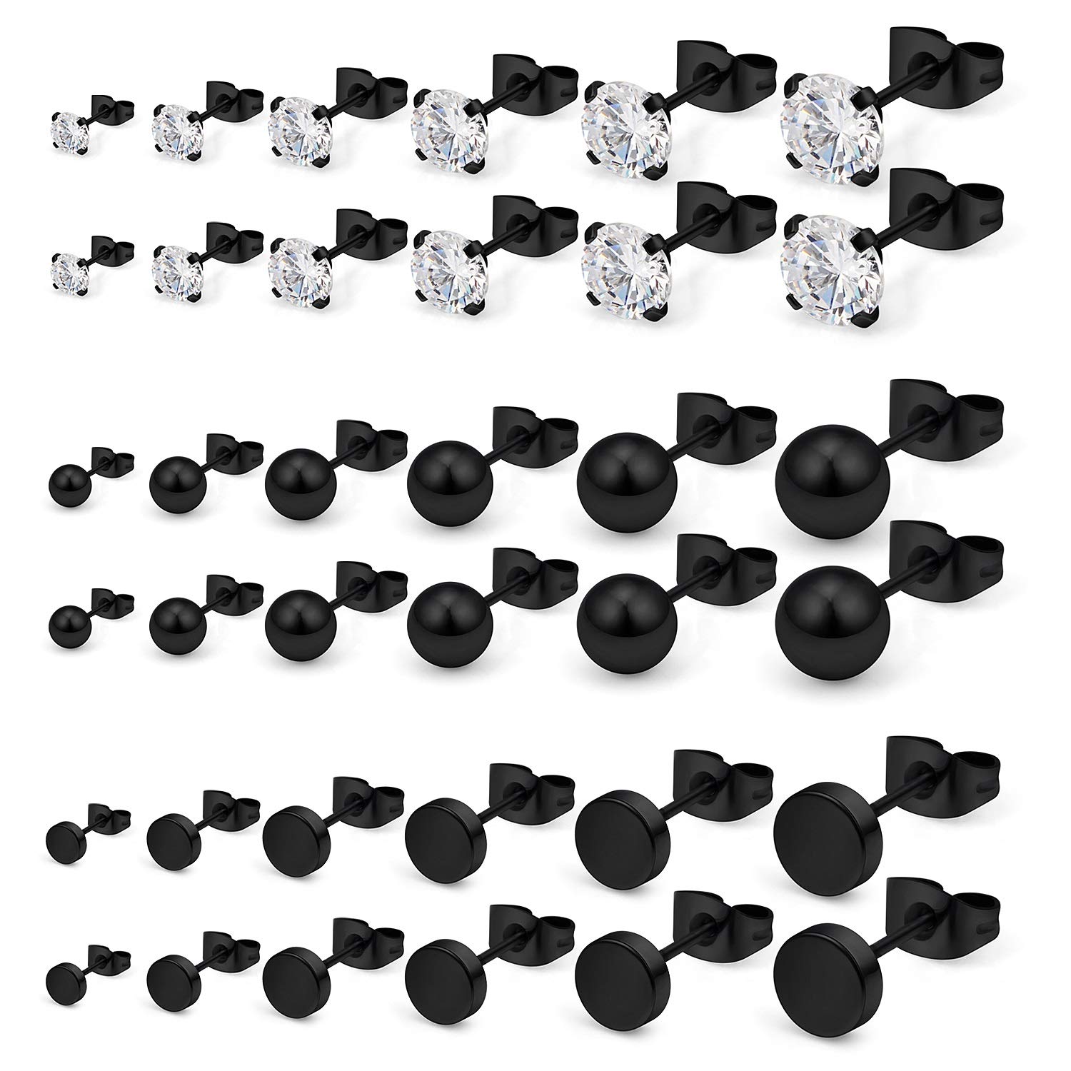 SCERRING 20G Stainless Steel Clear CZ Ball Flat Top Stud Earrings Set (6-18 Pairs) for Men & Women - Assorted Sizes 3-8mm - Hypoallergenic Body Jewelry for Daily Wear, Parties & Gifts