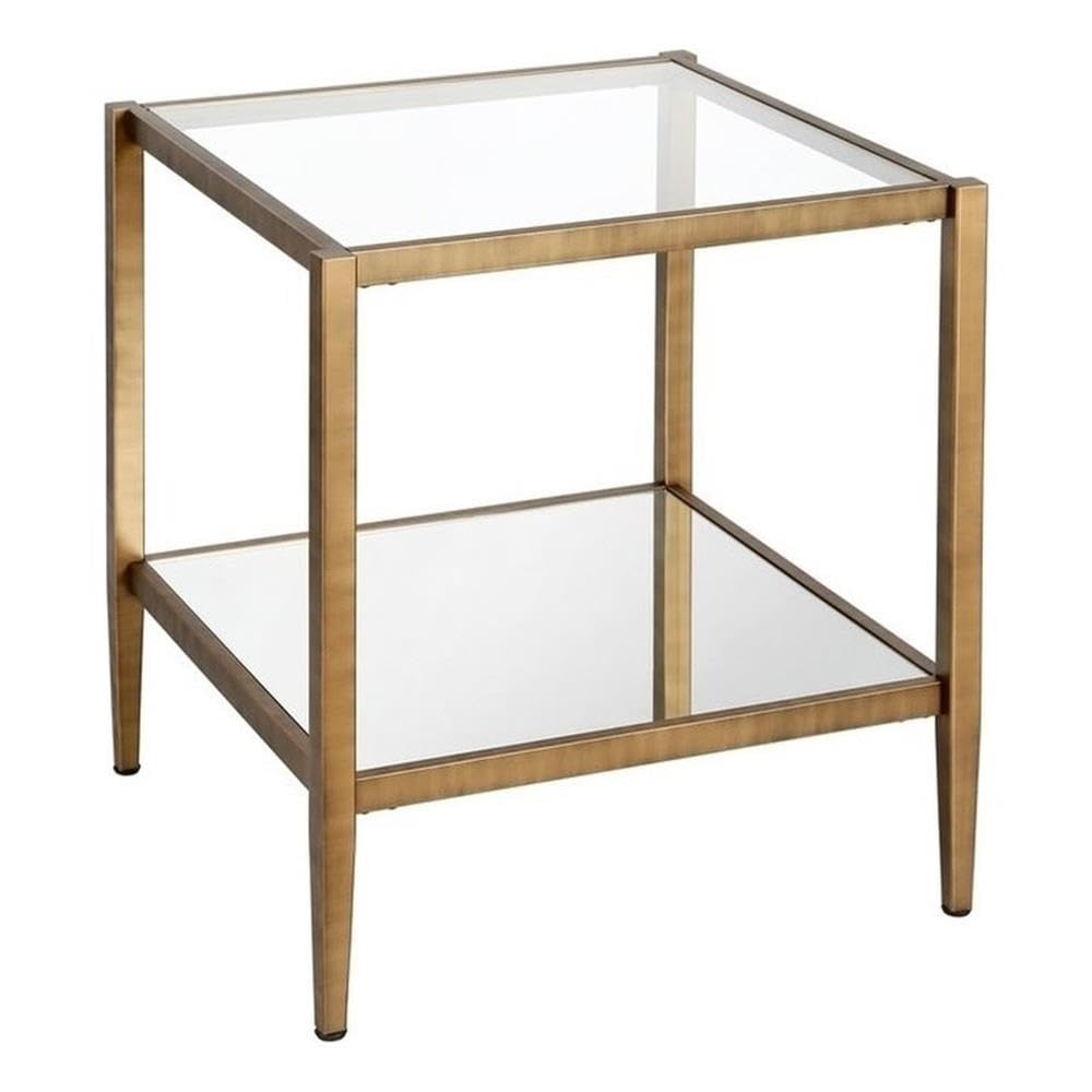 Pemberly Row Modern Metal Glam Side Table with Mirrored Shelf in Brass - Elegant Nightstand for Bedroom, Living Room, or Office Decor