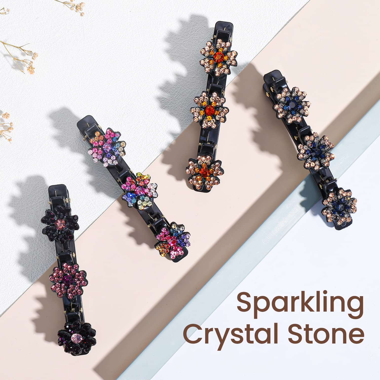 4pcs Sparkling Crystal Rhinestone Braided Hair Clips for Women - Elegant Triple Hair Clips with 3 Small Sectioning Clips - Perfect for Weddings, Parties and Everyday Styling