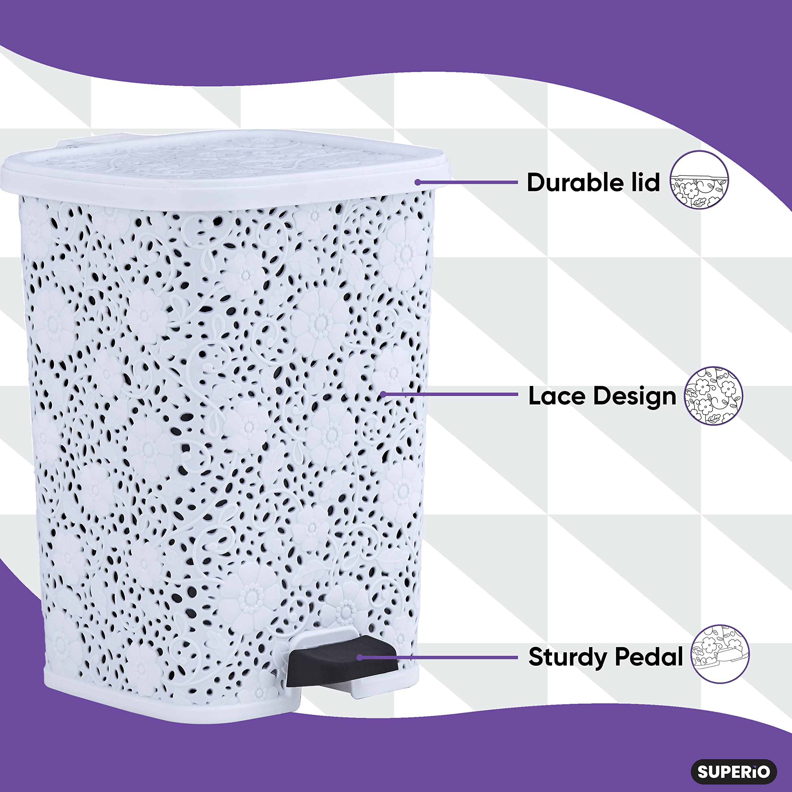 Superio Mini 1.5 Gallon Small Trash Can with Foot Pedal - Slim Plastic Waste Basket with Lid - White Lace Bathroom & Kitchen Garbage Bin - Perfect for Office, Bedroom, Patio & Under Desk Use