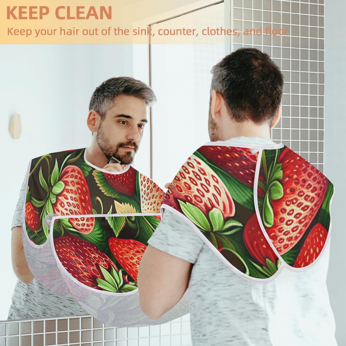 Strawberry Print Shaving Bib for Men & Women - Waterproof Beard Trimming Cape, Hair Dye Apron, Barber Accessories - Perfect for Home Grooming, Salon Use & DIY Haircuts (Gift Idea)