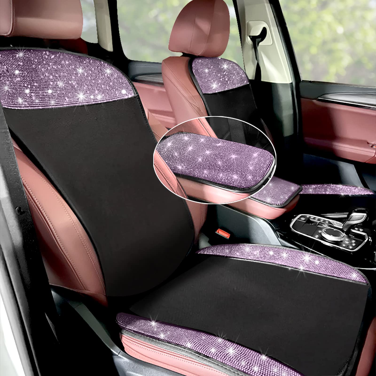 3 Pack Rhinestone Car Interior Accessories for Women - 2 Pair Sparkling Front Seat Covers with Armrest & Console Cover | Universal Fit for Sedans, SUVs & Trucks | Perfect for Car Decor & Gift Giving