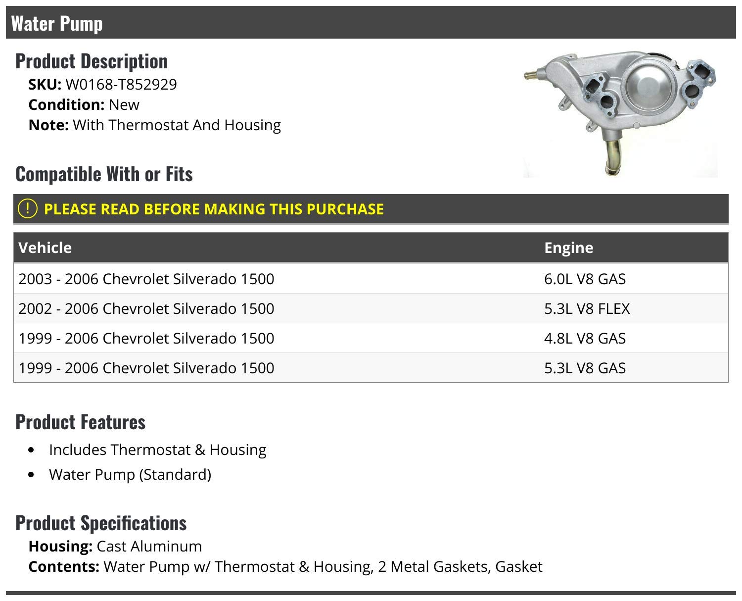 High-Performance Water Pump with Thermostat, Gaskets & Housing - Compatible with 1999-2006 Chevy Silverado 1500 - Perfect for Engine Cooling System Repair & Maintenance