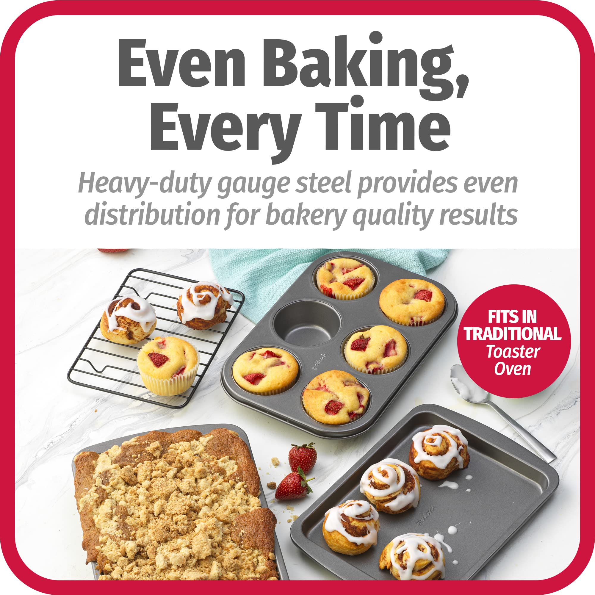 GoodCook 4-Piece Nonstick Steel Toaster Oven Baking Set - Includes Sheet Pan, Rack, Cake Pan & Muffin Pan - Even Heat Distribution, Dishwasher Safe - Perfect for Baking, Roasting & Meal Prep in Small Kitchens