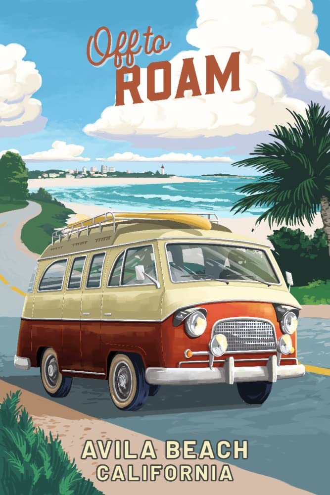 Signed Avila Beach California Camper Van Coastal Art Print - 24x36 Wall Decor Poster for Beach House, RV, or Coastal-Themed Living Room