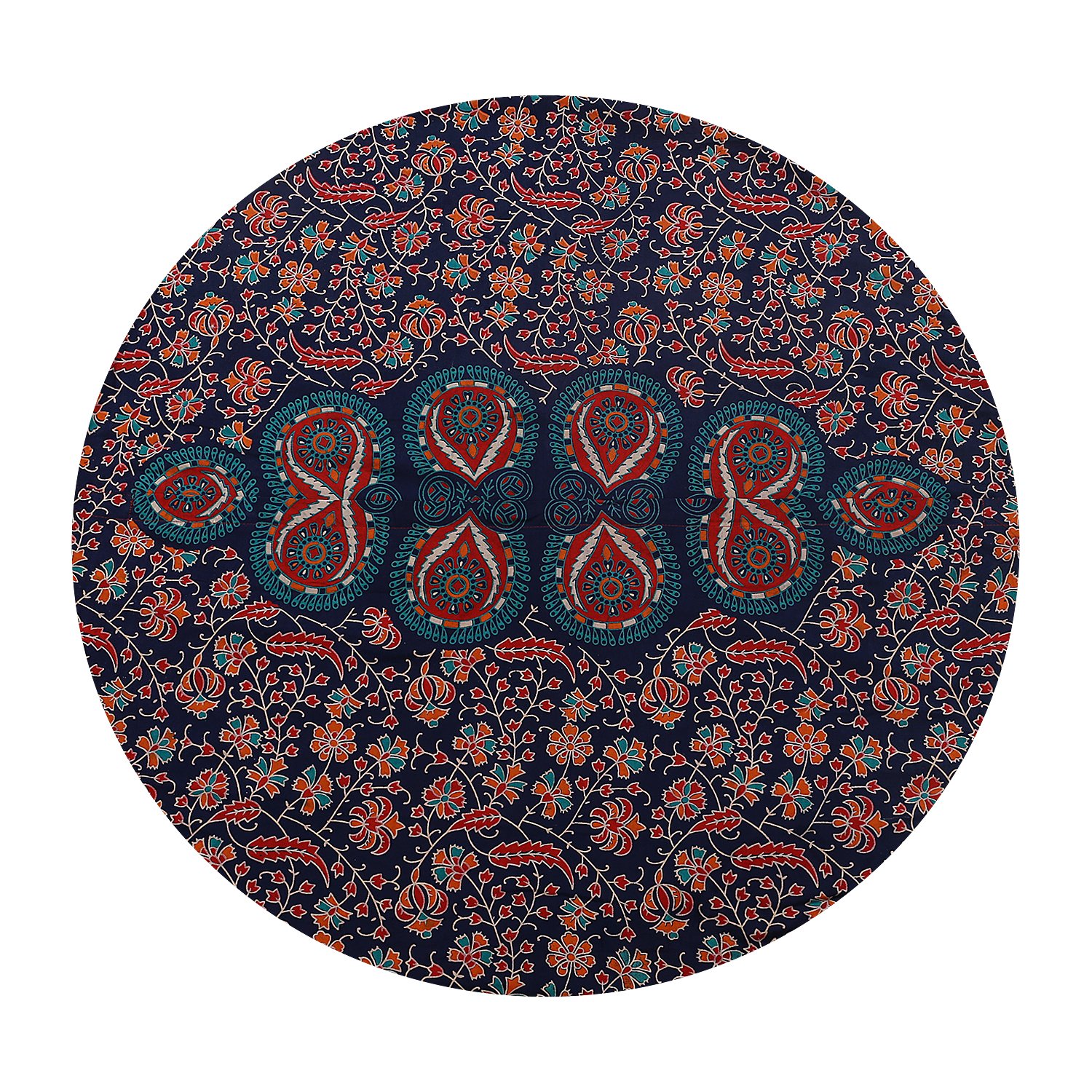 Anokhiart Navy Blue Round Mandala Floor Pillow - Boho Decor Throw Cushion with Pom Poms for Living Room, Bedroom & Meditation Space | Hippie Style Seating Pouf Cover